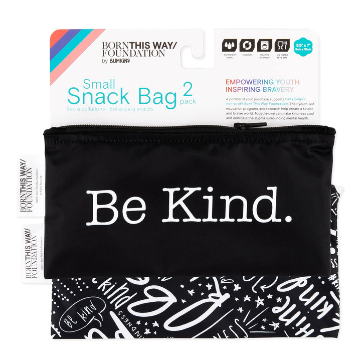 Bumkins Reusable Snack Bags, for Kids School Lunch and for Adults Portion, Washable Fabric, Waterproof Cloth Zip Bag, Supplies Travel Pouch, Food-Safe Storage, 2-pk Born This Way Be Kind Snack Bag 2-pk Be Kind-Sm