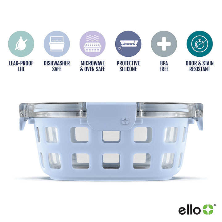 Ello Duraglass Meal Prep Container- Glass Food Storage Container with Silicone Sleeve and Airtight BPA-Free Plastic Lid, Dishwasher, Microwave, and Freezer Safe 4 Cup Halogen Blue