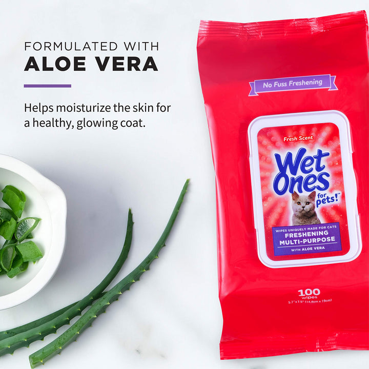 Wet Ones for Pets Freshening Multipurpose Wipes for Cats with Aloe Vera | Easy to Use Cat Cleaning Wipes, Freshening Cat Grooming Wipes for Pet Grooming in Fresh Scent| 100 ct Pouch Cat Wipes 100 Count (Pack of 1)