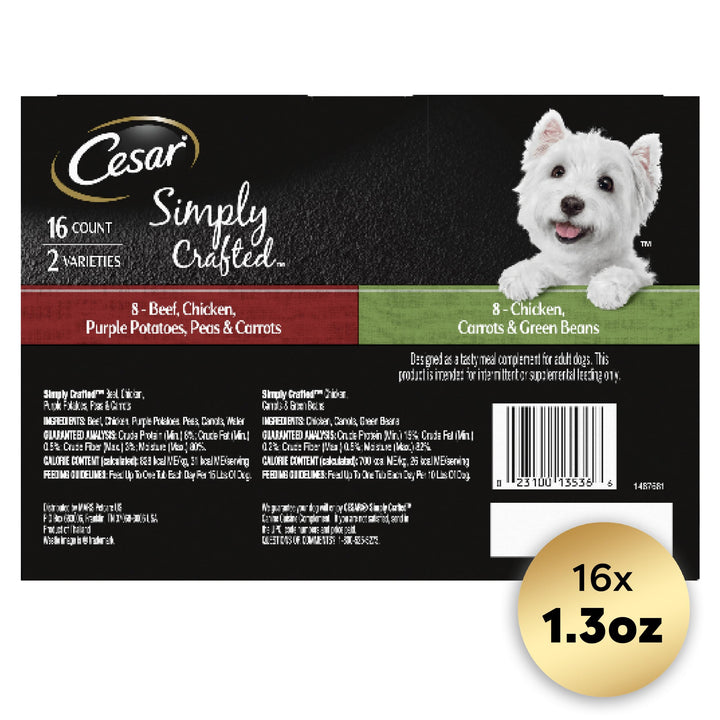 CESAR SIMPLY CRAFTED Adult Wet Dog Food Meal Topper, Chicken, Carrots & Green Beans and Beef, Chicken, Purple Potatoes, Peas & Carrots Variety Pack, 1.3 oz., Pack of 16 Chicken & Beef Variety 1.3 Ounce (Pack of 16)