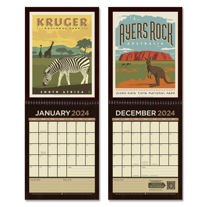 Americanflat 2024 Calendar - World National Park Calendar 2024 Artwork by Anderson Design Group - Large Wall Calendar with Monthly Format - Hanging Monthly Calendar Planner - 10x26 Inches When Open International National Park Postcards