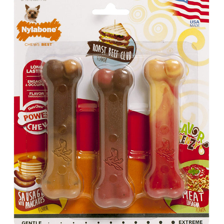 Nylabone Power Chew Classic Bone Chew Toy for Dogs, Durable Dog Toys for Aggressive Chewers, Variety Pack, Regular - Up to 25 Ibs. (3 Count) Peanut Butter, Bacon & Chicken Small/Regular (3 Count)