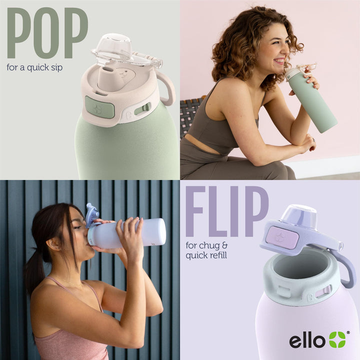 Ello Pop & Fill Stainless Steel Water Bottle with QuickFill Technology | Double Walled Vacuum Insulated Metal | Leak Proof Locking Lid | Sip and Chug | Reusable BPA Free | 22oz, 32oz Pistachio