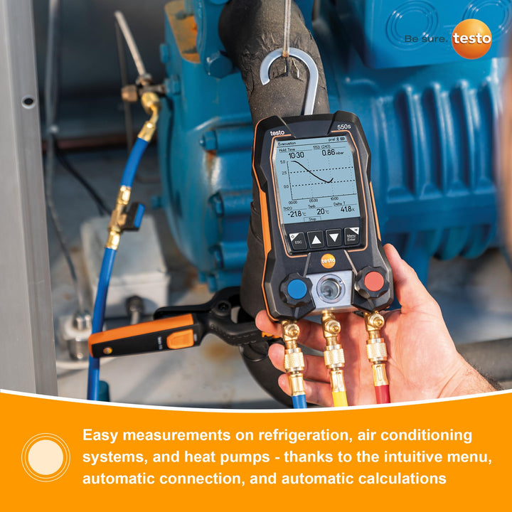 Testo 550s AC Manifold Gauge Set – Manifold Gauges Hvac and Refrigeration – Incl. 2x testo 115i Pipe Clamp Thermometer, 1x testo 552i Micron Gauge - AC Recharge Kit, AC Gauge Set with Bluetooth Vacuum Kit Digital Manifold