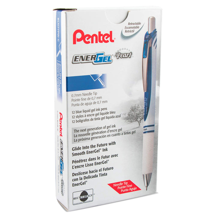 Pentel EnerGel RTX Pearl Retractable Liquid Gel Pen, (0.7mm) Medium Line, Needle Tip, Blue Ink, 12 pack (BLN77PW-C)