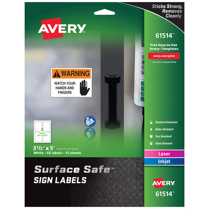 Avery Printable Warning Signs, 3.5" x 5", Water/Chemical Resistant, 60 Removable Labels (61514) 3.5" x 5" White