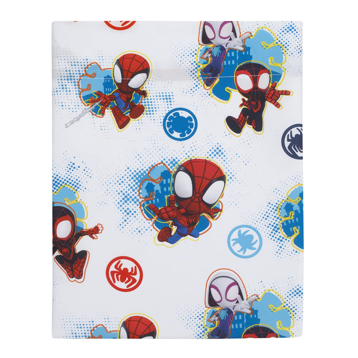 Marvel Spidey and his Amazing Friends Spidey Team Red, White, and Blue 4 Piece Toddler Bed Set - Comforter, Fitted Bottom Sheet, Flat Top Sheet, and Reversible Pillowcase