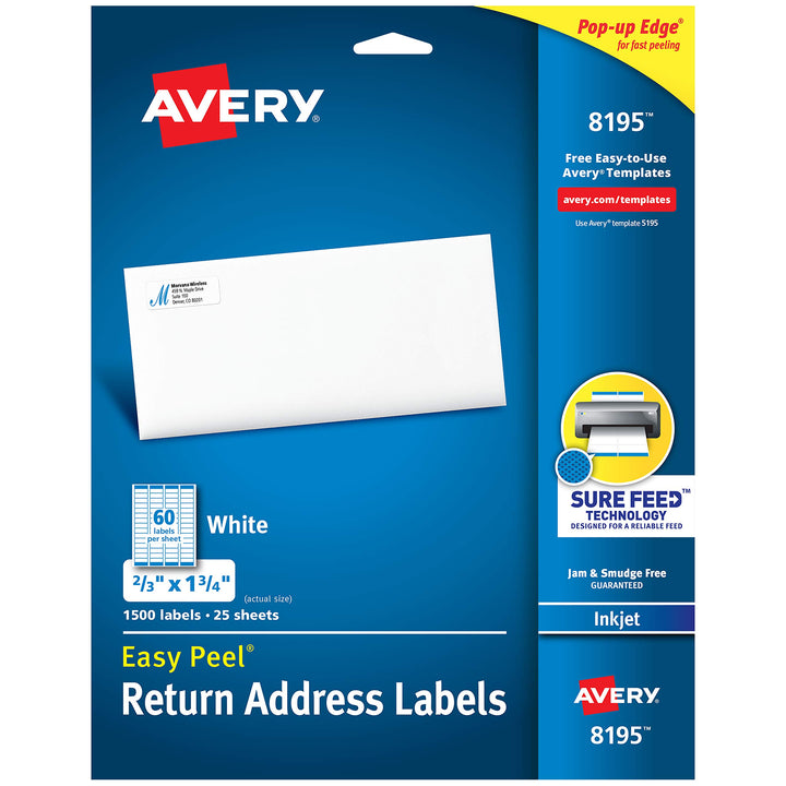 Avery Printable Return Address Labels with Sure Feed, 2/3" x 1-3/4", White, 1,500 Blank Mailing Labels (08195)