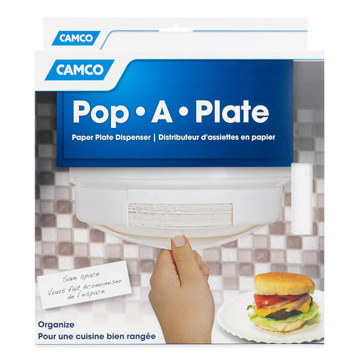 Camco 9-inch Pop-A-Plate Plastic Plate Dispenser | Ideal for Compact Spaces, RVs and Trailers | Mounts Under Cabinets or Shelves | White (57001) AS PICTURED