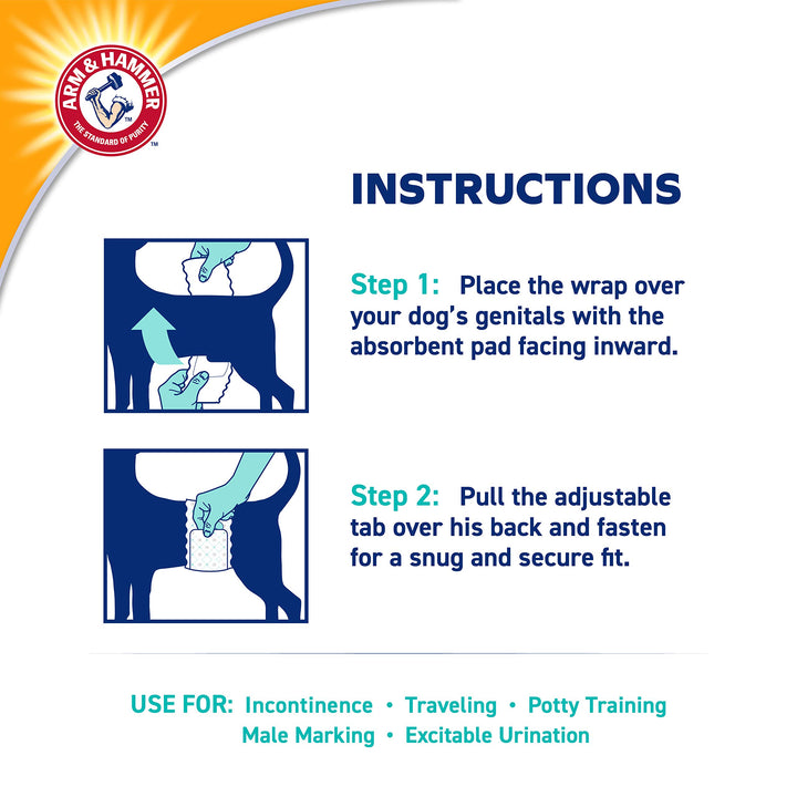 Arm & Hammer For Pets Male Dog Wraps, Medium 12 Ct | Ultra-Absorbent, Adjustable Male Dog Diapers with Leak-Proof Protection & Wetness Indicator | Arm & Hammer Baking Soda Enhanced for Odor Control Male Wraps Medium (12 Count)