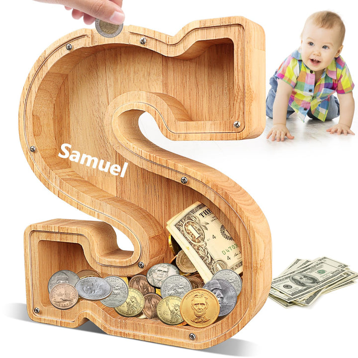 Wooden Piggy Bank, 26 Alphabet Personalized Letter Piggy Bank for Kids Boys Girls, Piggy Bank Toy, Coin Bank Money Box, DIY Name Birthday Room Decoration（S） S