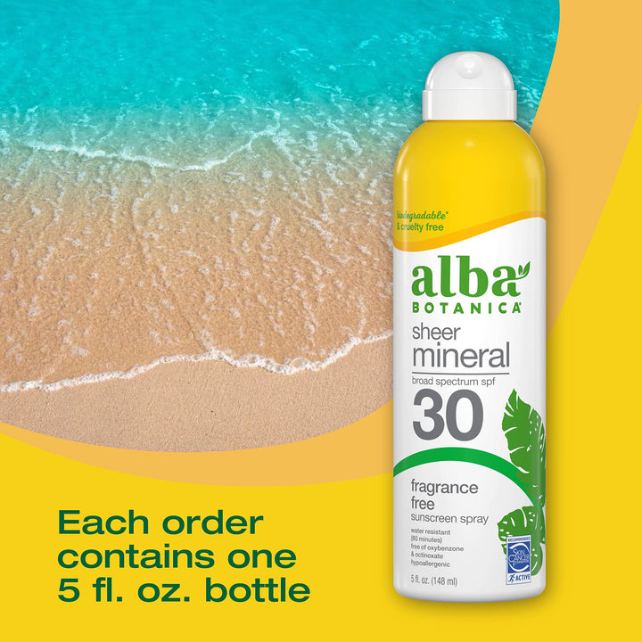 Alba Botanica Sheer Mineral Sunscreen Spray, SPF 30, Fragrance-Free Broad Spectrum, Water Resistant and Biodegradable, 5 fl. Oz. Bottle 6 Ounce (Pack of 1) Fragrance Free Spray