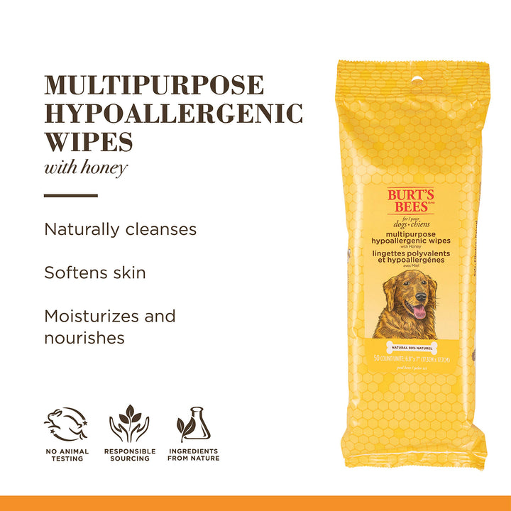 Burt's Bees for Pets Natural Multipurpose Dog Grooming Wipes | Puppy & Dog Wipes for All Purpose Cleaning | pH Balanced for Dogs - Made in USA, 50 Count Pet Wipes - 2 Pack