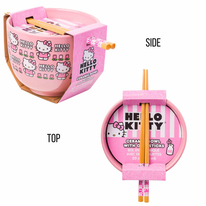 Silver Buffalo Sanrio Hello Kitty Flowers Pattern Ceramic Ramen Noodle Rice Bowl with Chopsticks, Microwave Safe, 20 Ounces