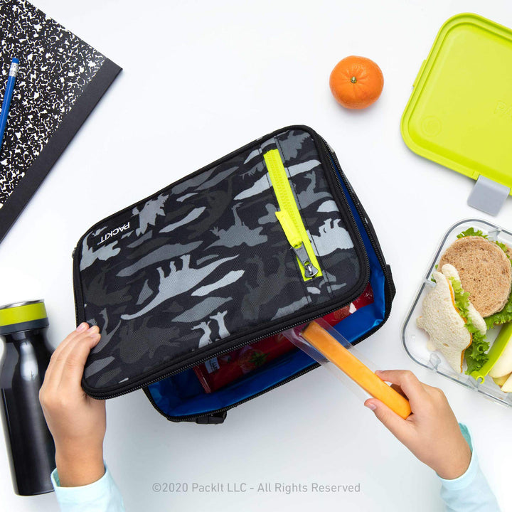 PackIt Freezable Classic Lunch Box, Dino Camo Charcoal, Built with EcoFreeze Technology, Collapsible, Reusable, Zip Closure With Zip Front Pocket and Buckle Handle, Perfect for School Lunches