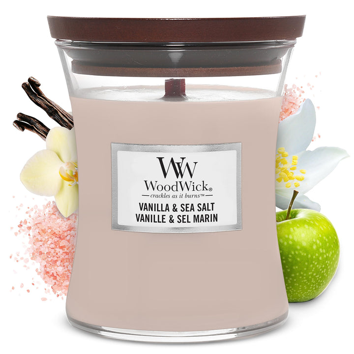 WoodWick Medium Hourglass Candle, Vanilla Sea Salt - Premium Soy Blend Wax, Pluswick Innovation Wood Wick, Made in USA & Medium Hourglass Candle, Lavender/Cedar - Premium Soy Blend Wax