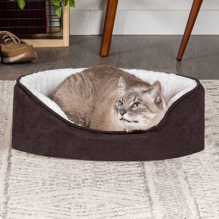 Furhaven Orthopedic Dog Bed for Small Dogs w/ Removable Washable Cover, For Dogs Up to 12 lbs - Sherpa & Suede Oval Lounger - Espresso, Small Oval (Orthopedic Base) 19.0"L x 15.0"W x 5.5"Th Sherpa & Suede Espresso