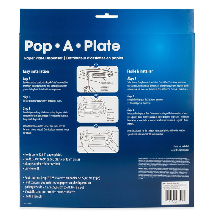 Camco 9-inch Pop-A-Plate Plastic Plate Dispenser | Ideal for Compact Spaces, RVs and Trailers | Mounts Under Cabinets or Shelves | White (57001) AS PICTURED