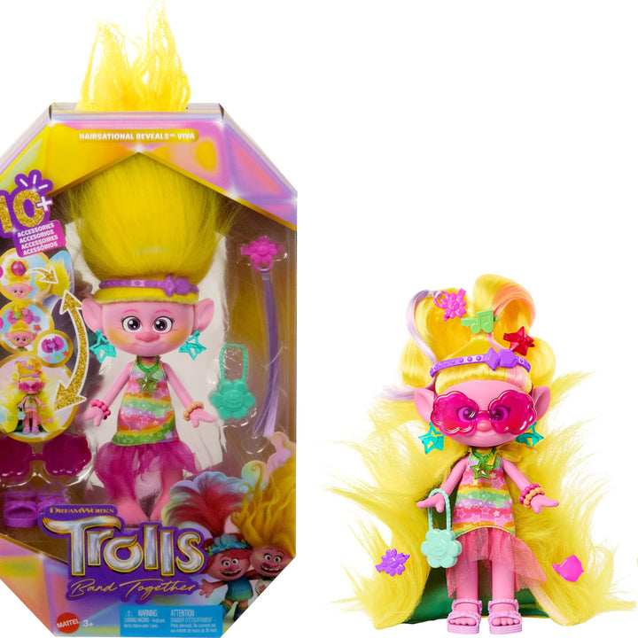 Mattel DreamWorks Trolls Band Together Fashion Doll & 10+ Accessories, Hairsational Reveals Viva with Transforming Hair Piece