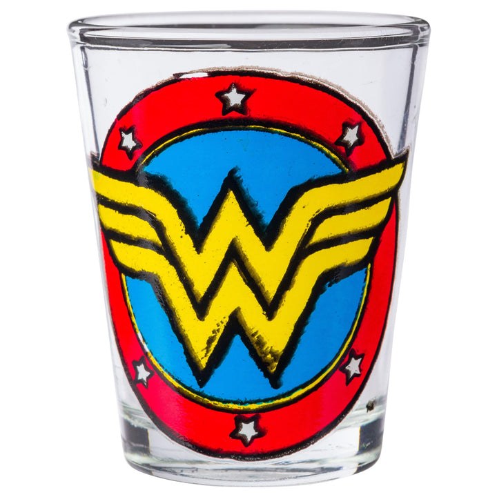 Silver Buffalo DC Comics Superhero Logos Mini Glasses 4 Pack Featuring Flash, Superman, Wonder Woman, and Batman, 1.5 Ounces Comics Sketch Logos