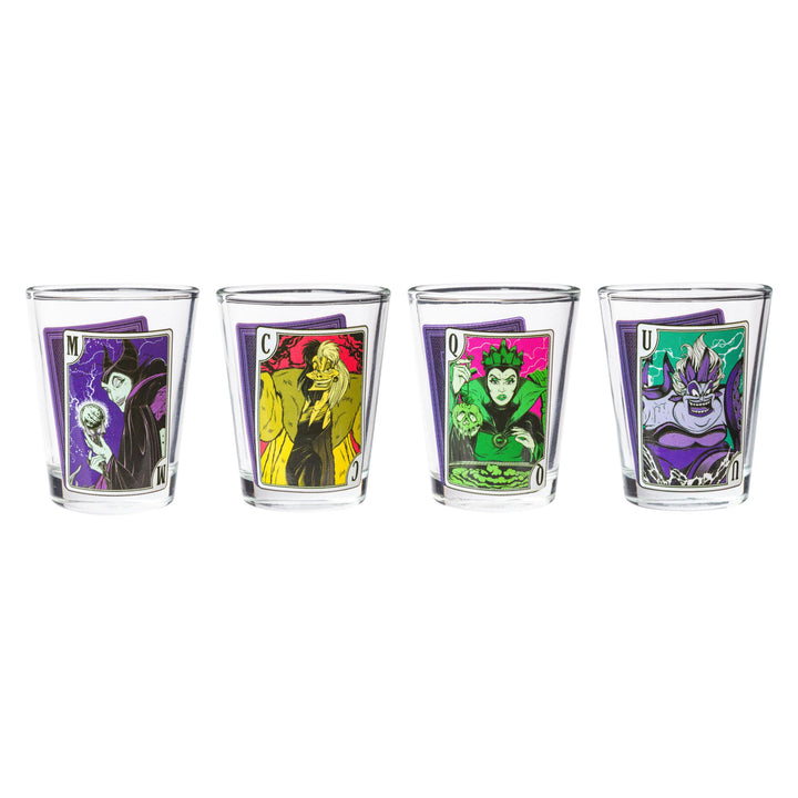 Silver Buffalo Disney Villain Cards Mini Glasses 4 Pack Featuring Cruella De Vil, Ursula, The Evil Queen and Maleficent, 1.5 Ounces Villains Cards