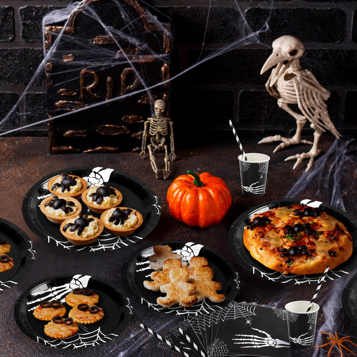 215 Pcs Halloween Plates and Napkins Set Serve 25, Halloween Skull Hand Bone Disposable Tableware Set, Halloween Decorations Includes Plates, Cups, Napkins, Halloween Tableware