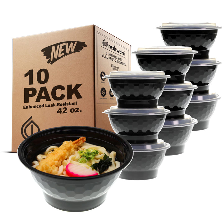 Freshware Meal Prep Containers [10 Pack] Bento Box, Food Storage Containers, Plastic Bowls with Lids for Soup and Salad, BPA Free, Stackable, Lunch Boxes, Microwave/Dishwasher/Freezer Safe (42 oz) Bowl, 42 ounce, 10-Pack