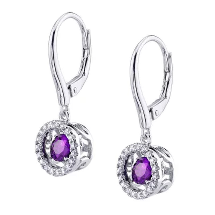 Sterling Silver Dancing Geniune Amethyst and Lab Created White Sapphire Pendant and Earring Set