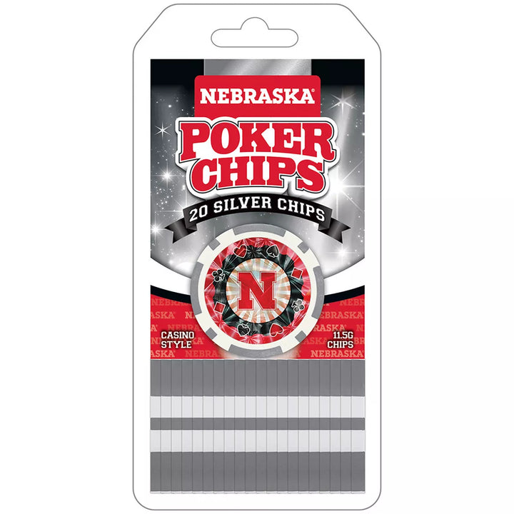 Masterpieces Casino Style 20 Piece 11.5 Gram Poker Chip Set NCAA Nebraska Cornhuskers Silver Edition.