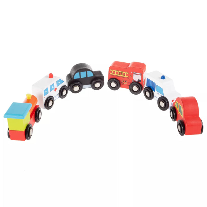 Toy Time Wooden Car Playset- 6-Piece Mini Toy Vehicle Set with Cars, Fire Trucks, Train-Pretend Play Fun