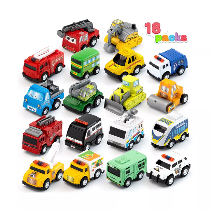 Syncfun 18 Pcs Pull Back City Cars and Trucks Toy Vehicles Set, Friction Powered Cars Toys for Toddlers, Boys, Girls’ Educational Play, Goodie Bags