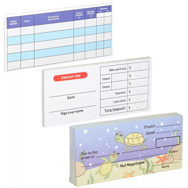 Blue Panda 150 Sheets Pretend Checkbook for Kids with Fake Deposit Slip and Check Register for Play School Supplies (Ocean Themed)