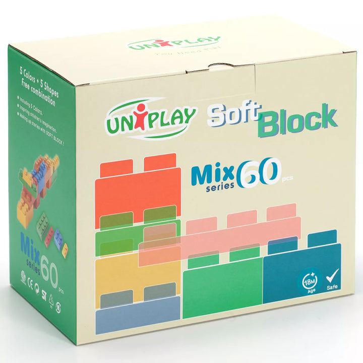 Uniplay Mix 60Pc Set Soft Building Blocks for Early Learning Educational and Sensory Toy for Infants and Toddlers