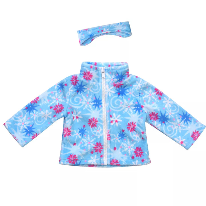 Sophia’S Snowflake Print Fleece Jacket & Matching Earmuff Set for 18” Dolls, Light Blue