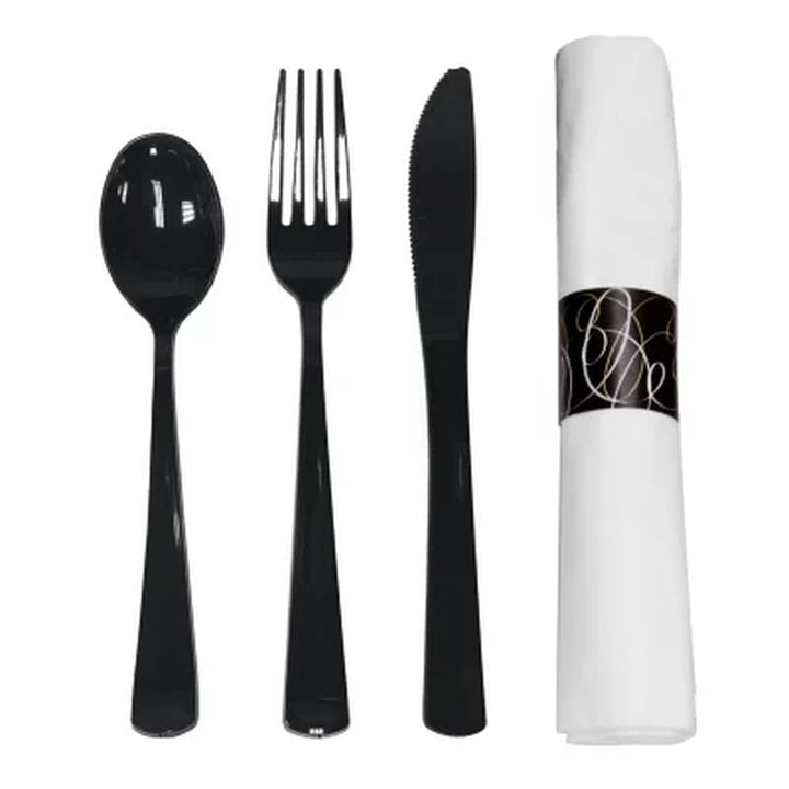 Party Essentials Napkin Roll Bag Set with Black Cutlery (4 - 25 Ct. Packs, 100 Total)