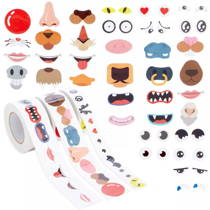 Okuna Outpost 1500-Pack Assorted Face Stickers Roll for Kids Party Favors (3 Rolls)