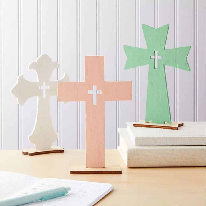 Bright Creations 12 Pack Standing Wood Cross for DIY Crafts and Easter Christmas Centerpiece Table Mantel Decorations, 7 Inches