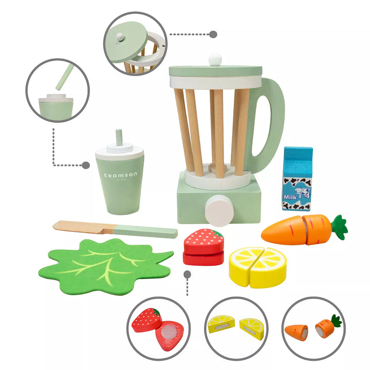 Teamson Kids Wooden Blender Play Kitchen Toy Accessories Green 13 Pcs TK-W00008