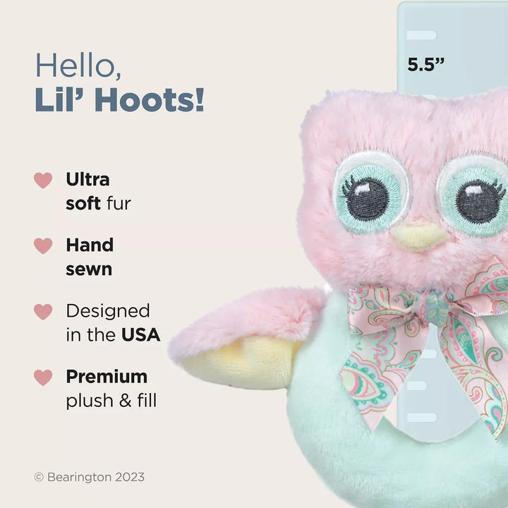 Bearington Baby Lil' Hoots Plush Stuffed Animal Pink Owl Soft Ring Rattle 5.5"