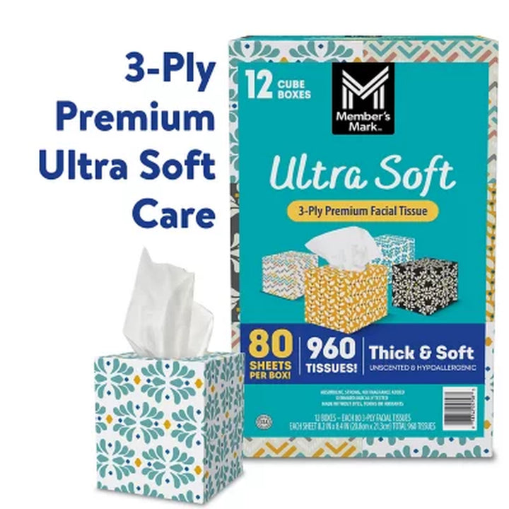 Member'S Mark Ultra Soft 3-Ply Facial Tissues, Cube Boxes 80 Tissues/Box, 12 Boxes