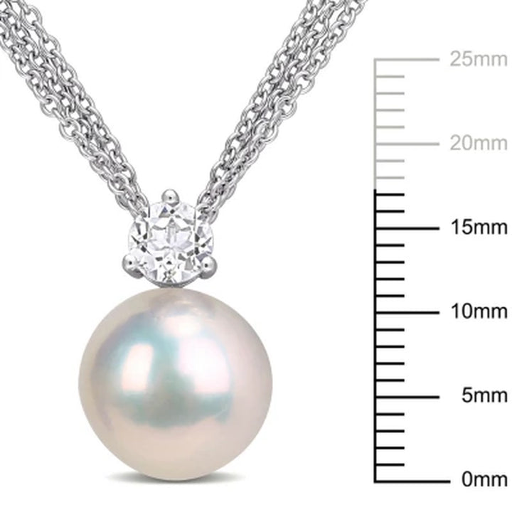 11-12Mm White round Cultured Freshwater Pearl and White Topaz Drop Pendant in Sterling Silver