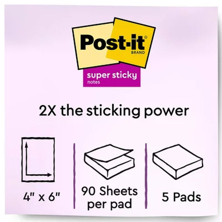 Post-It Notes Super Sticky - Canary Yellow Note Pads, 4 X 6, Lined, 90/Pad - 5 Pads/Pack