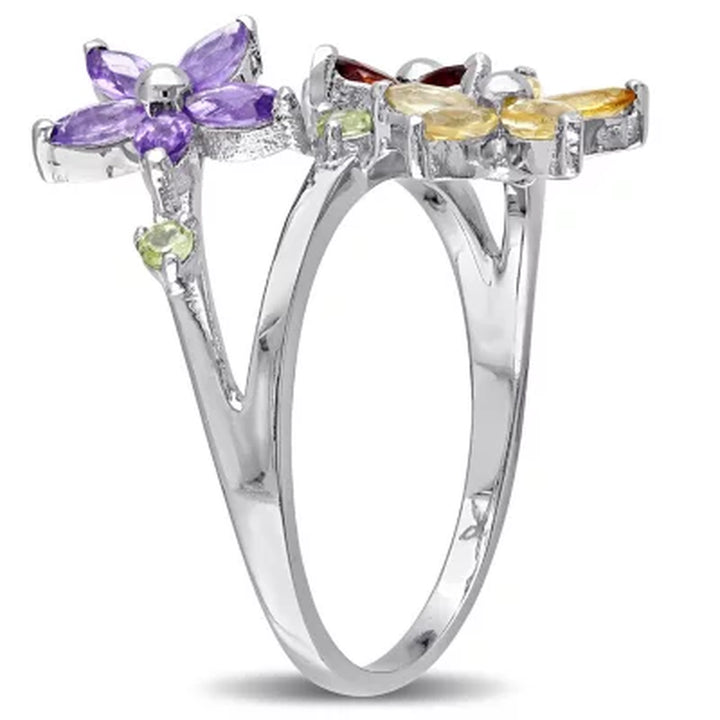 Garnet, Citrine, Amethyst and Peridot Floral Ring in Sterling Silver