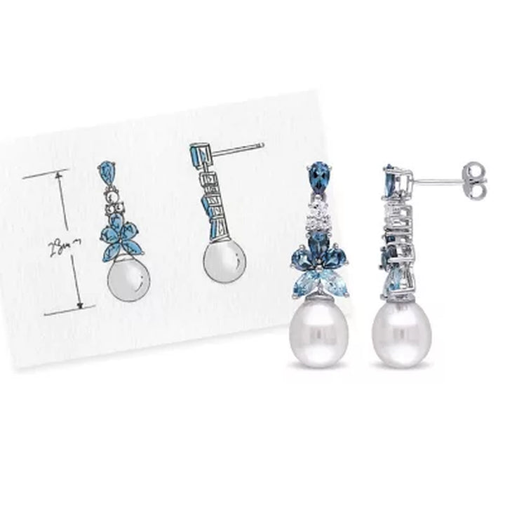 8.5-9 MM Freshwater Cultured Pearl Blue and White Topaz Drop Earrings in Sterling Silver