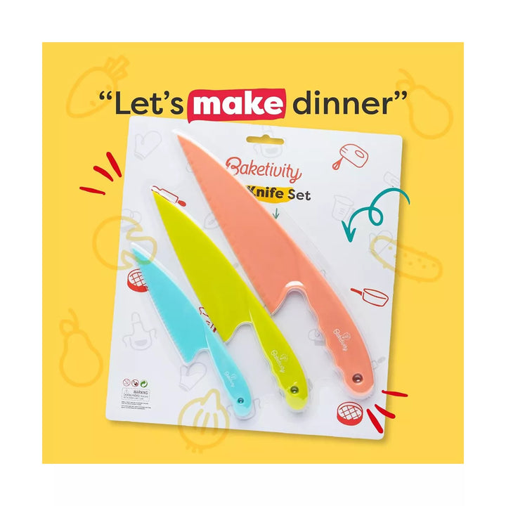Baketivity 3 Piece Kids Knife Set | Plastic Kids Safe Knives for Kitchen | Dishwasher Safe, Kid Friendly Safe Knives Set for Cutting Fruits, Veggies