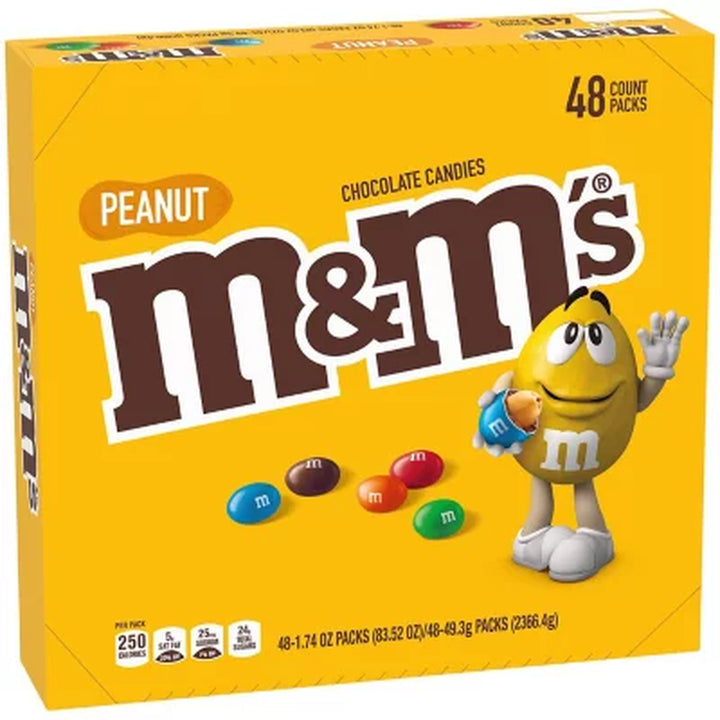 M&M'S Peanut Milk Chocolate Candy, Full Size, 1.74 Oz., 48 Pk.