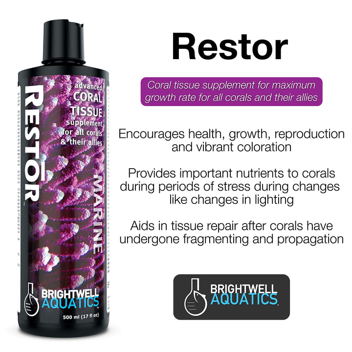 Brightwell Aquatics Restor - Liquid Coral Tissue Nutritional Supplement for Growth 500-ml