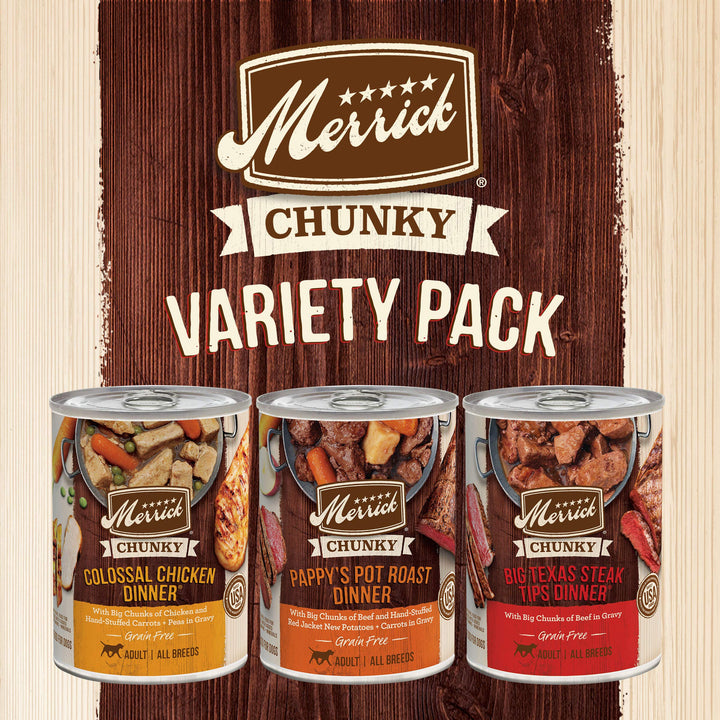 Merrick Chunky Recipes Grain Free Wet Dog Food Variety Pack, Canned Dog Food - (12) 12.7 oz. Cans 9.53 Pound (Pack of 1) Chunky Variety Pack