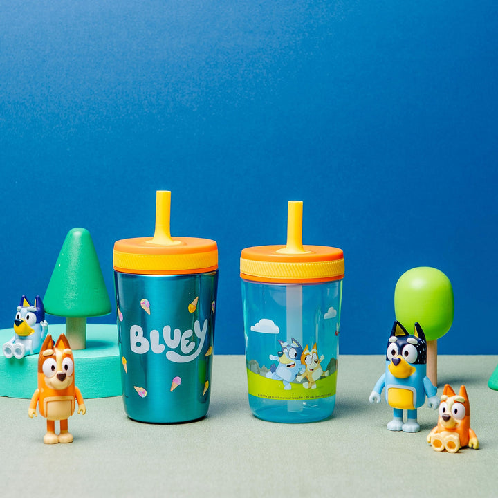 Zak Designs Bluey Kelso Tumbler Set, 15 fl.oz. Leak-Proof Screw-On Lid with Straw, Bundle for Kids Includes Plastic and Stainless Steel Cups with Bonus Sipper, 3pc Set, Non-BPA Classic