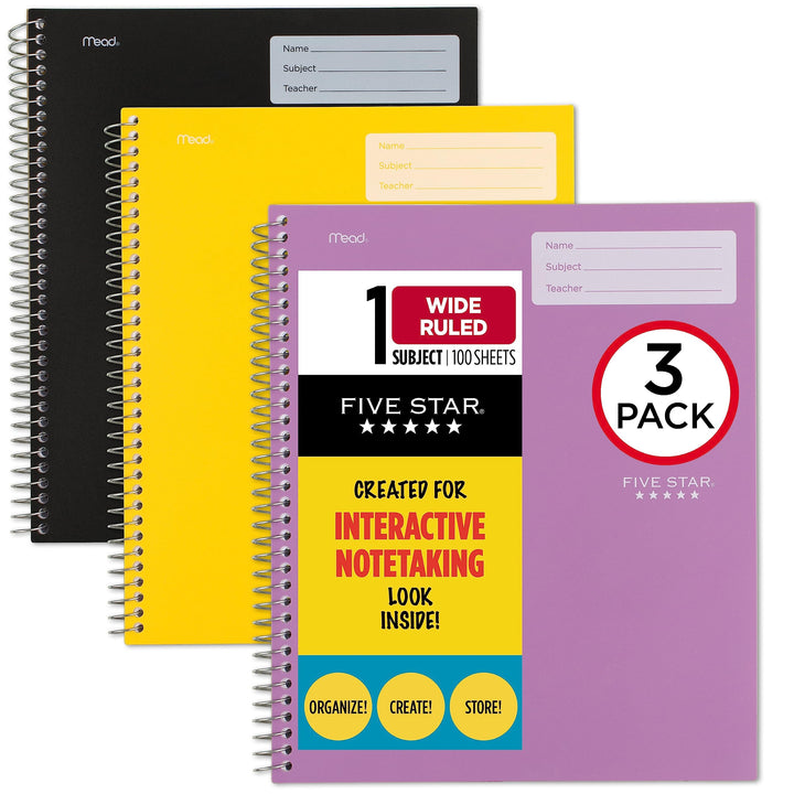 Five Star Interactive Notetaking Spiral Notebooks, 3 Pack, 1-Subject, Wide Ruled Paper, 11" x 8-1/2", 100 Sheets, Black, Amethyst Purple, Harvest Yellow (929985-ECM) Black, Purple, Yellow